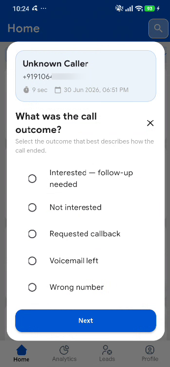 After-Call Workflow form screen